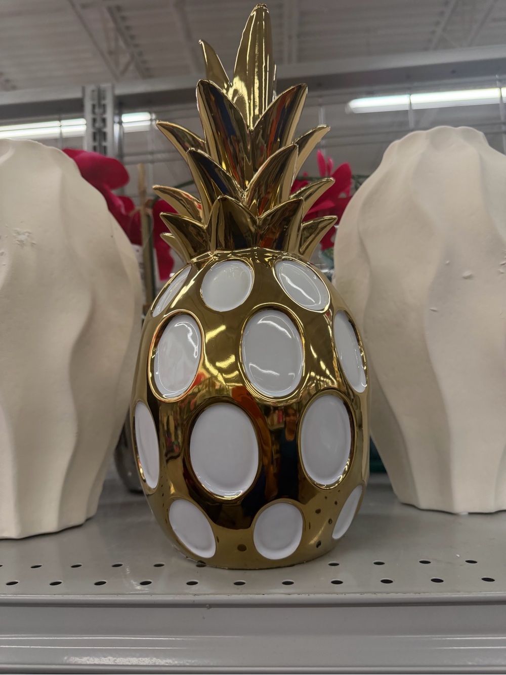 Gold Ceramic Pineapple Decorative Accent with White Inlays
